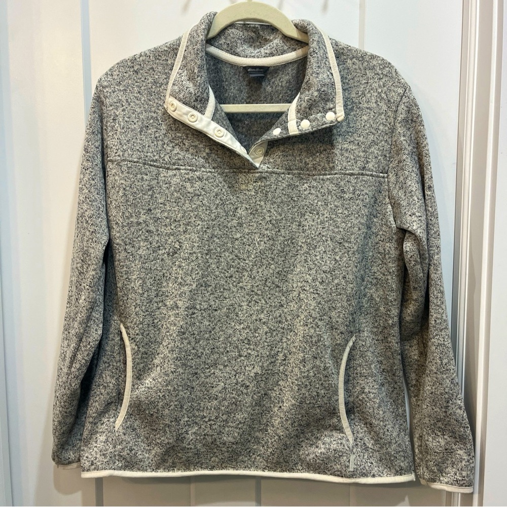Eddie Bauer Women’s Sweater Size Large Gray Knit Mock Neck Pocket Front Pullover